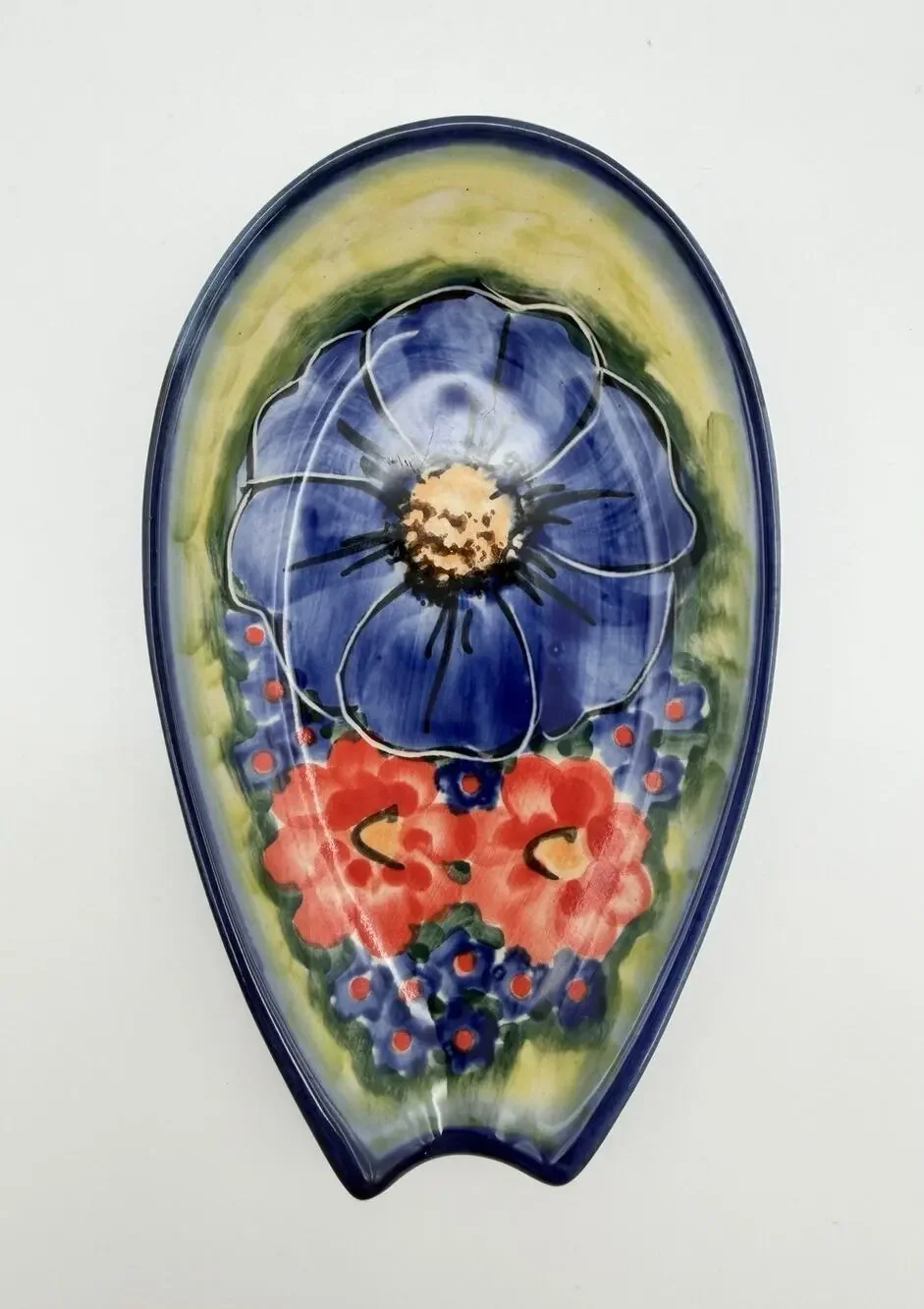 Blue Rose Polish Pottery Hand Painted Floral Spoon Rest 5” Handmade in Poland